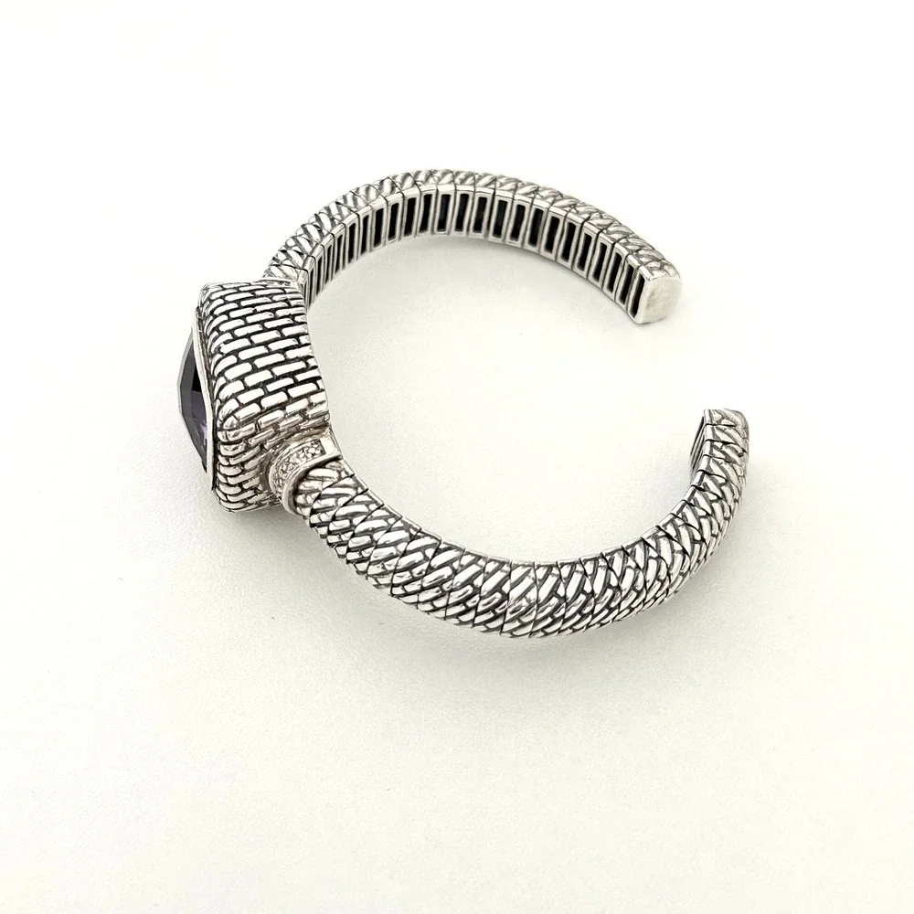 925 Sterling Silver Genuine Faceted Amethyst Cuff Bracelet